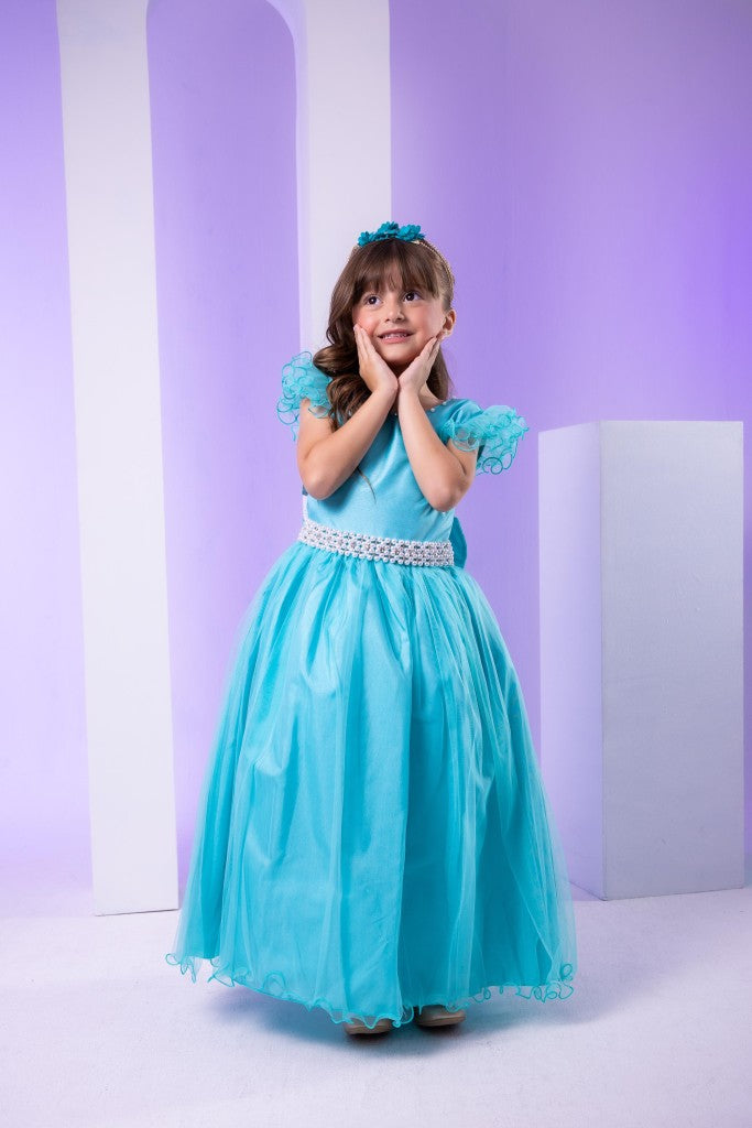 Vestido Longo Verde Tiffany com Detalhes em Tule e Cinto de Pérolas