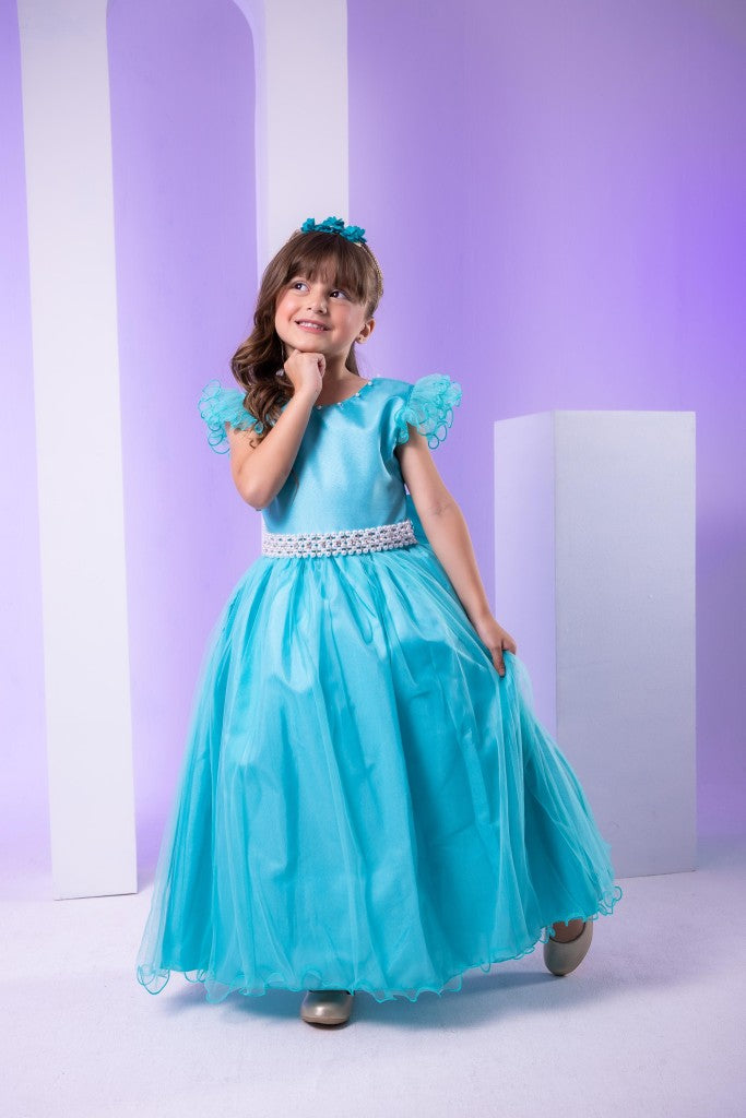 Vestido Longo Verde Tiffany com Detalhes em Tule e Cinto de Pérolas
