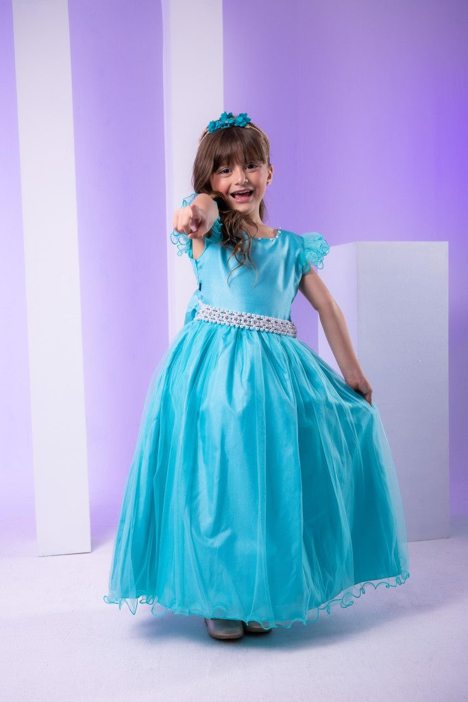 Vestido Longo Verde Tiffany com Detalhes em Tule e Cinto de Pérolas