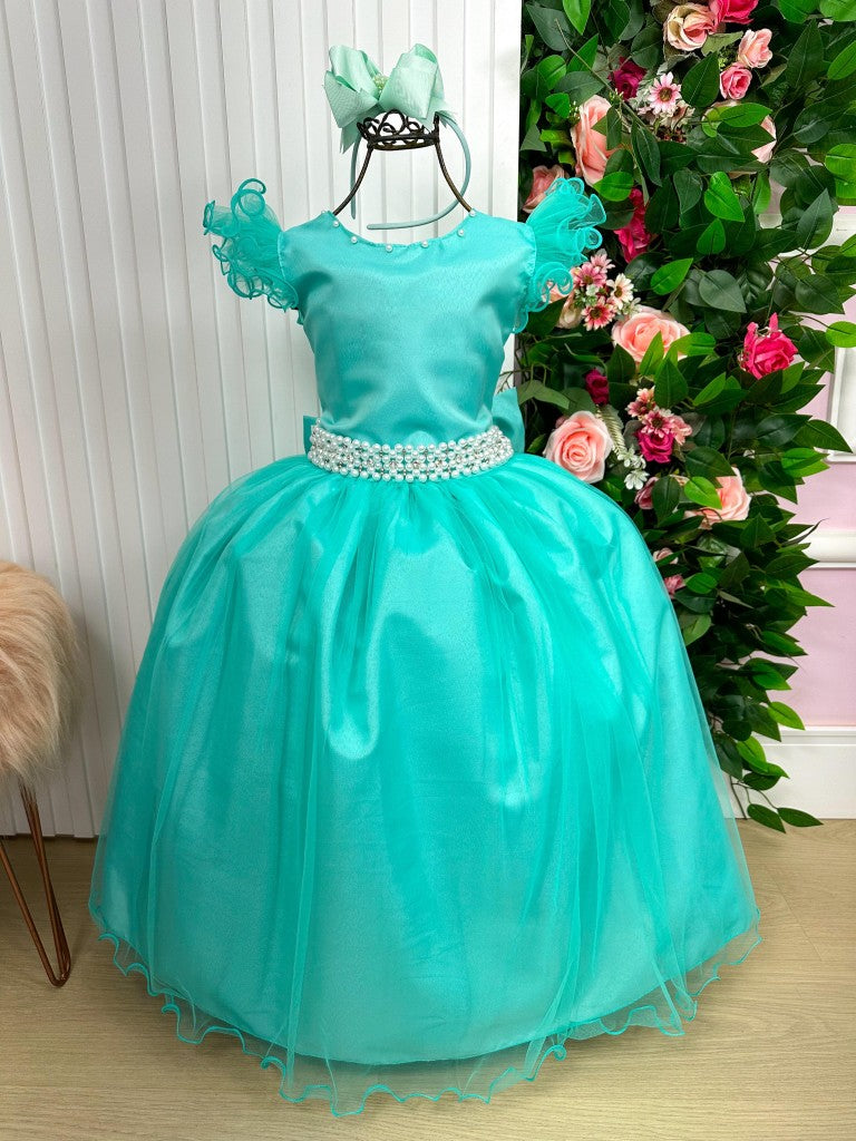 Vestido Longo Verde Tiffany com Detalhes em Tule e Cinto de Pérolas