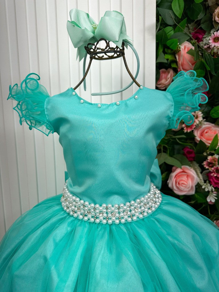 Vestido Longo Verde Tiffany com Detalhes em Tule e Cinto de Pérolas