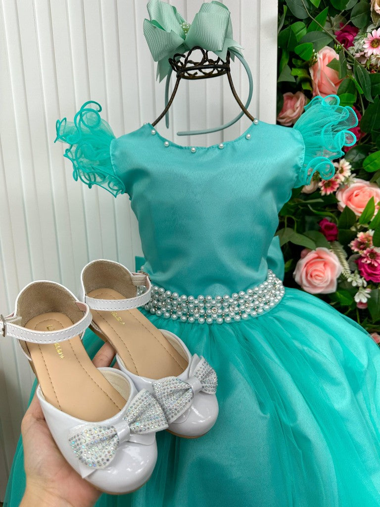 Vestido Longo Verde Tiffany com Detalhes em Tule e Cinto de Pérolas