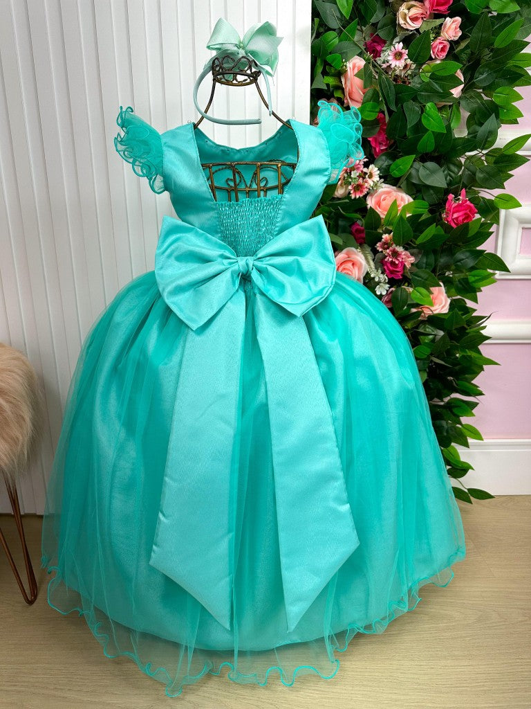 Vestido Longo Verde Tiffany com Detalhes em Tule e Cinto de Pérolas