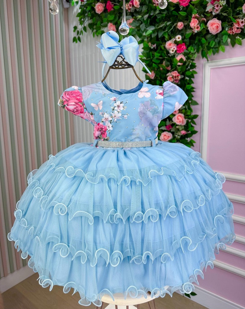 Vestido Jardim Encantado Azul Bebê em Tecido Misto para Meninas