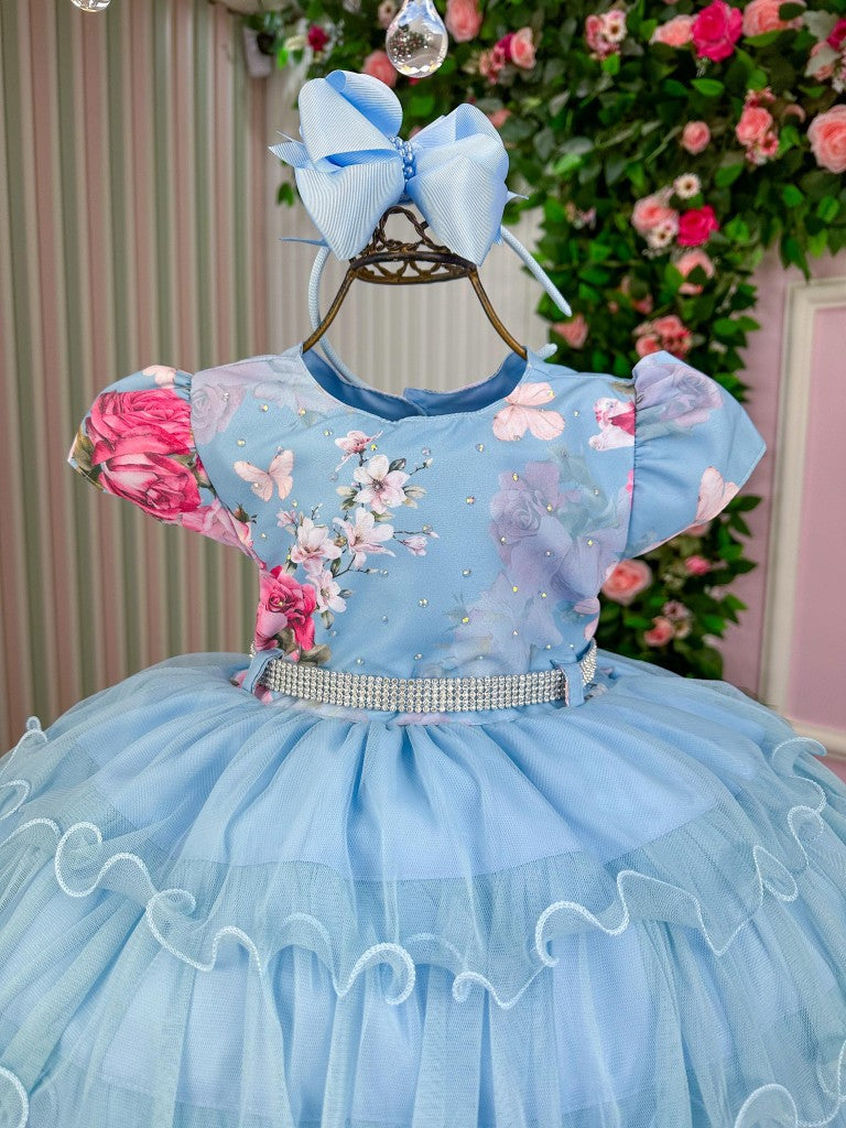 Vestido Jardim Encantado Azul Bebê em Tecido Misto para Meninas