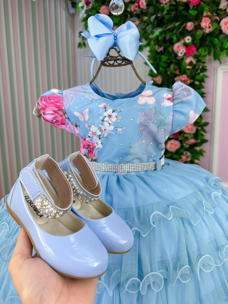 Vestido Jardim Encantado Azul Bebê em Tecido Misto para Meninas