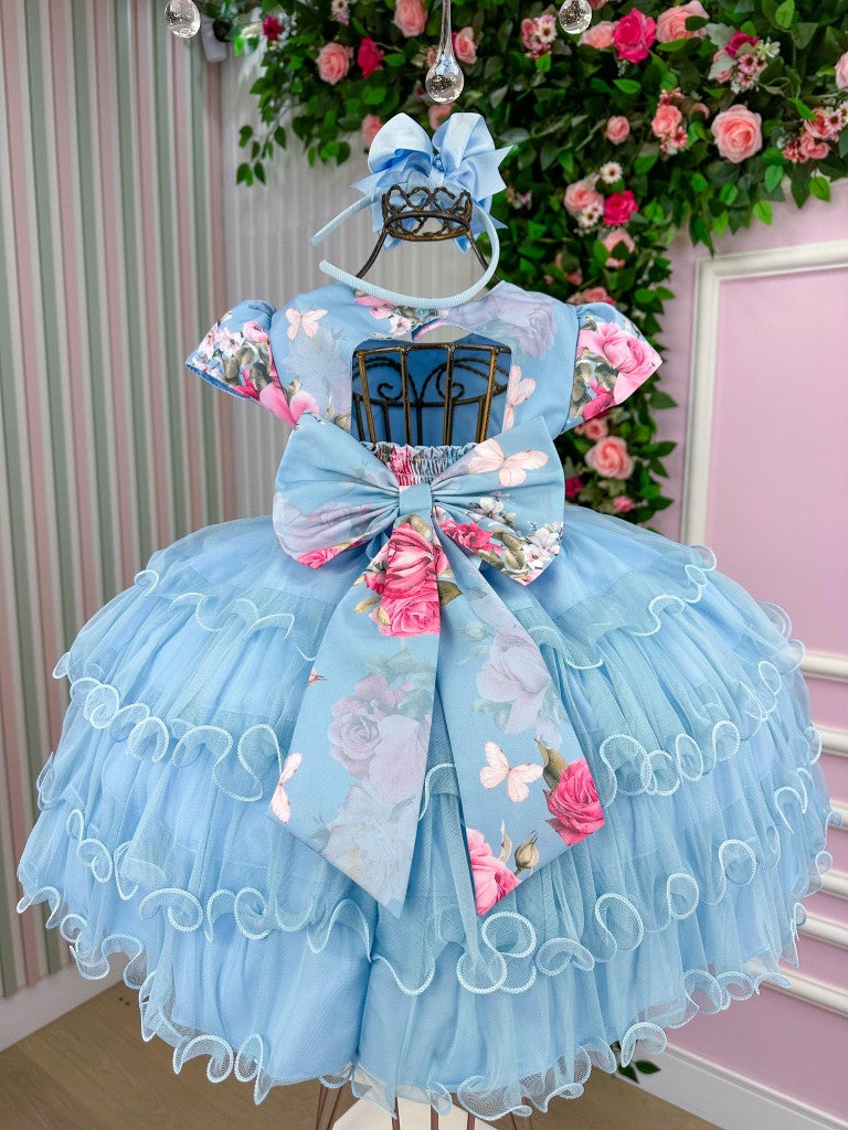 Vestido Jardim Encantado Azul Bebê em Tecido Misto para Meninas