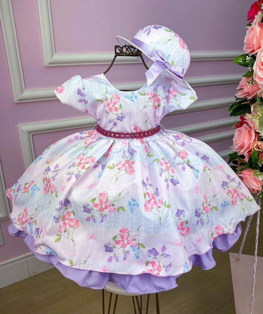Vestido Lilás com Flores e Borboletas e Chapéu para Meninas