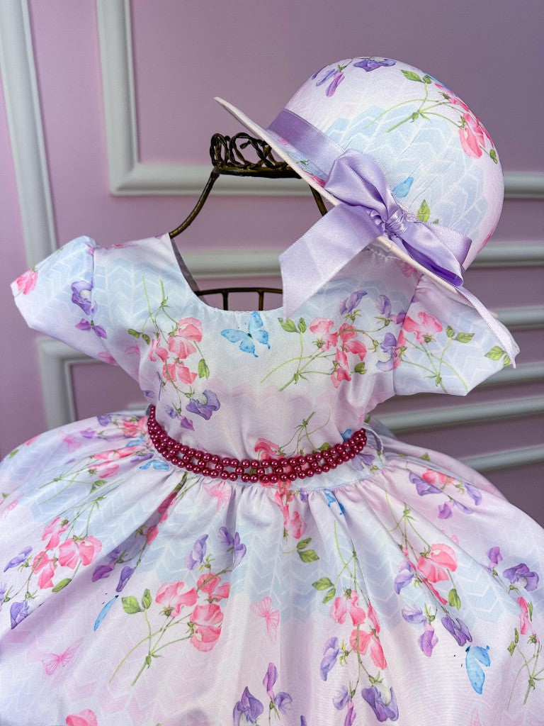 Vestido Lilás com Flores e Borboletas e Chapéu para Meninas