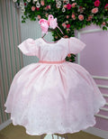 Vestido Rosa Bebê em Tecido Lese com Laço e Gola Redonda