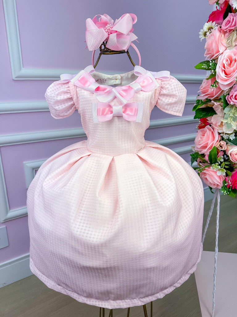Vestido Rosa Bebê em Poliéster com Laços para Meninas