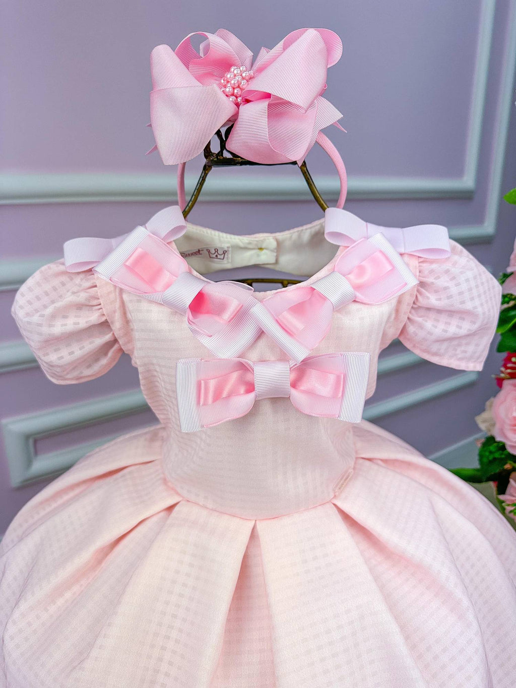 Vestido Rosa Bebê em Poliéster com Laços para Meninas