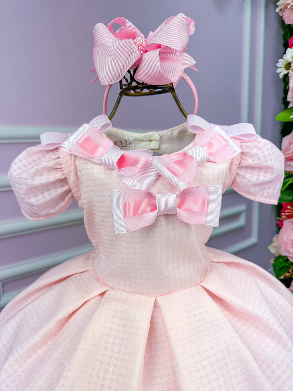 Vestido Rosa Bebê em Poliéster com Laços para Meninas