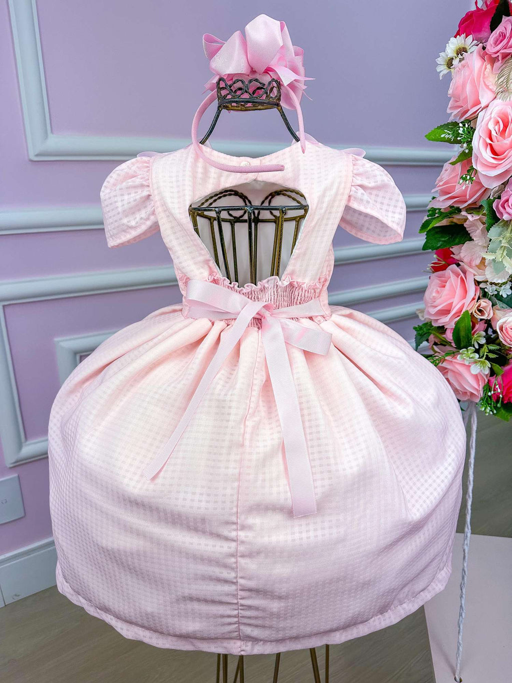 Vestido Rosa Bebê em Poliéster com Laços para Meninas