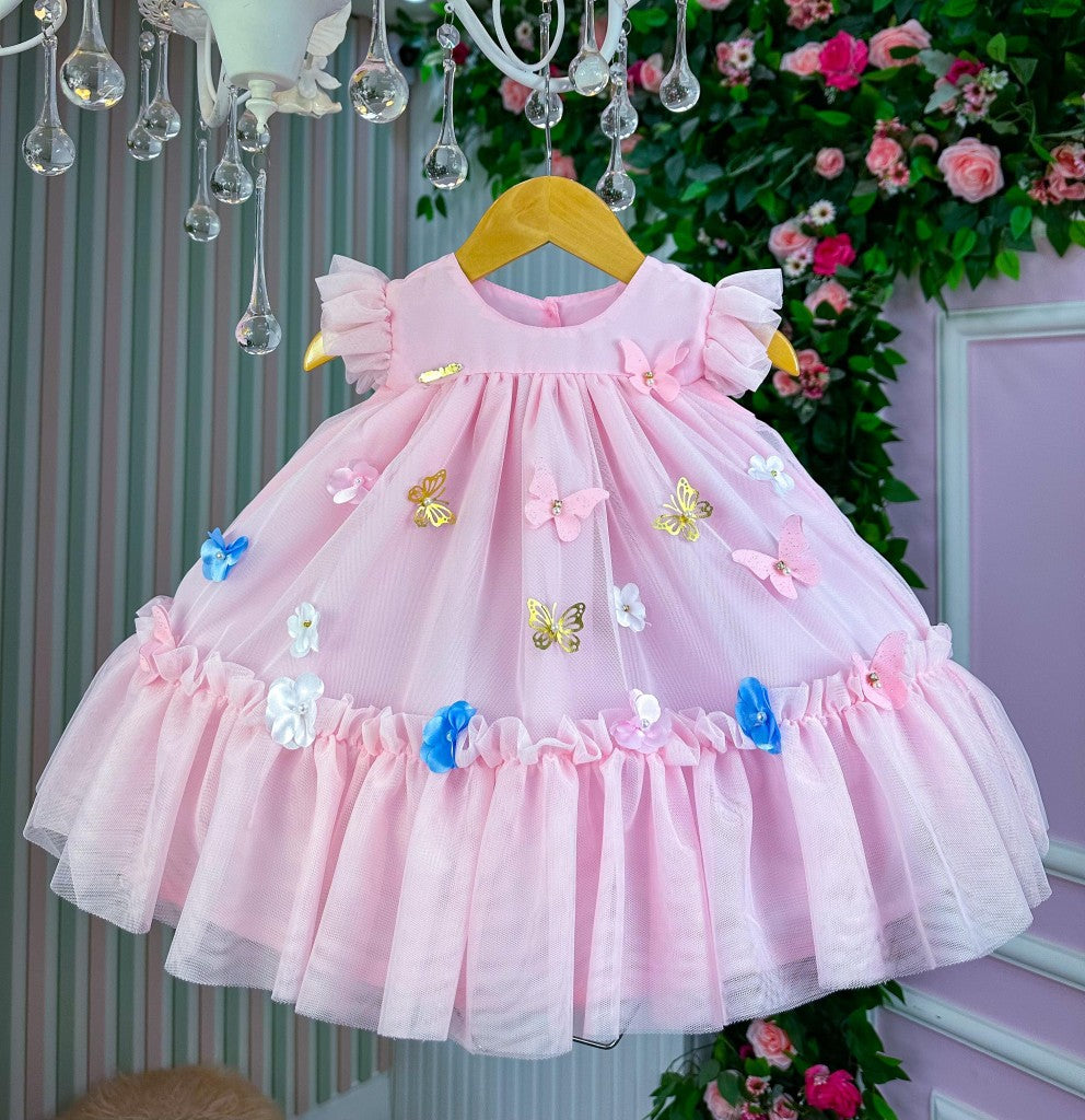 Vestido Infantil Luxo Jardim Encantado Rosa em Tule para Bebê