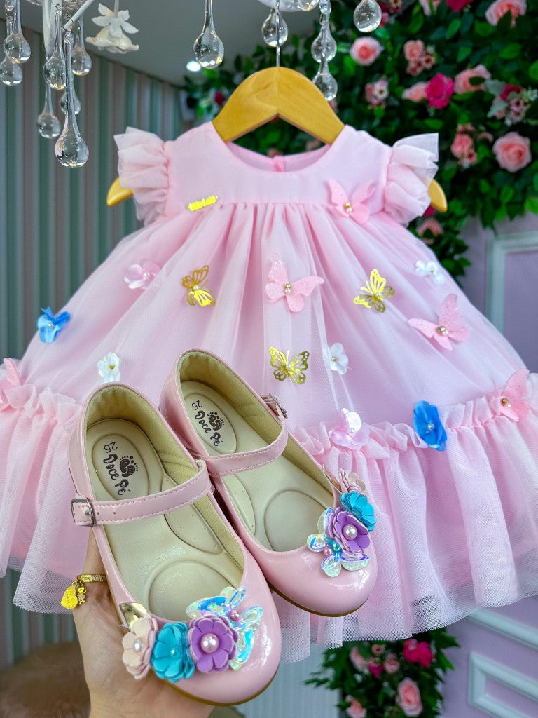 Vestido Infantil Luxo Jardim Encantado Rosa em Tule para Bebê