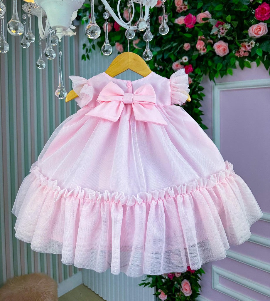 Vestido Infantil Luxo Jardim Encantado Rosa em Tule para Bebê