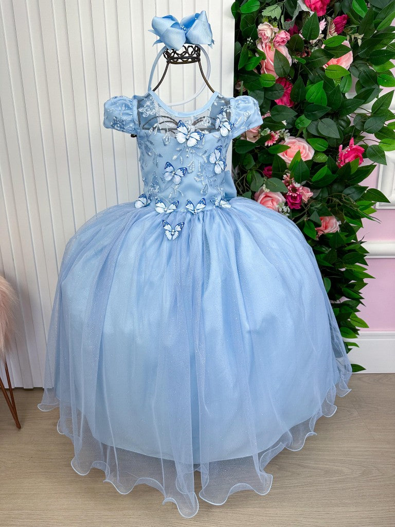 Vestido Longo Azul Bebê com Renda e Laço para Meninas