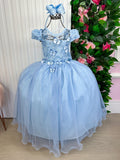 Vestido Longo Azul Bebê com Renda e Laço para Meninas