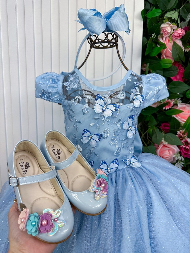 Vestido Longo Azul Bebê com Renda e Laço para Meninas
