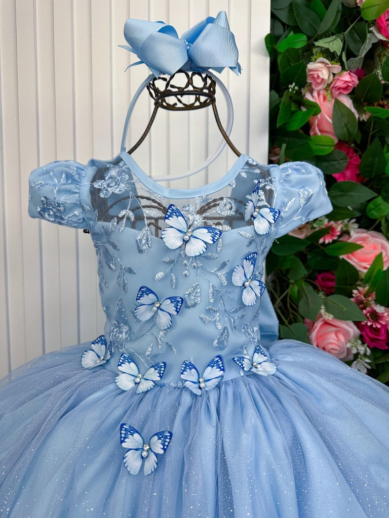 Vestido Longo Azul Bebê com Renda e Laço para Meninas