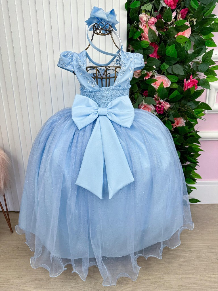 Vestido Longo Azul Bebê com Renda e Laço para Meninas