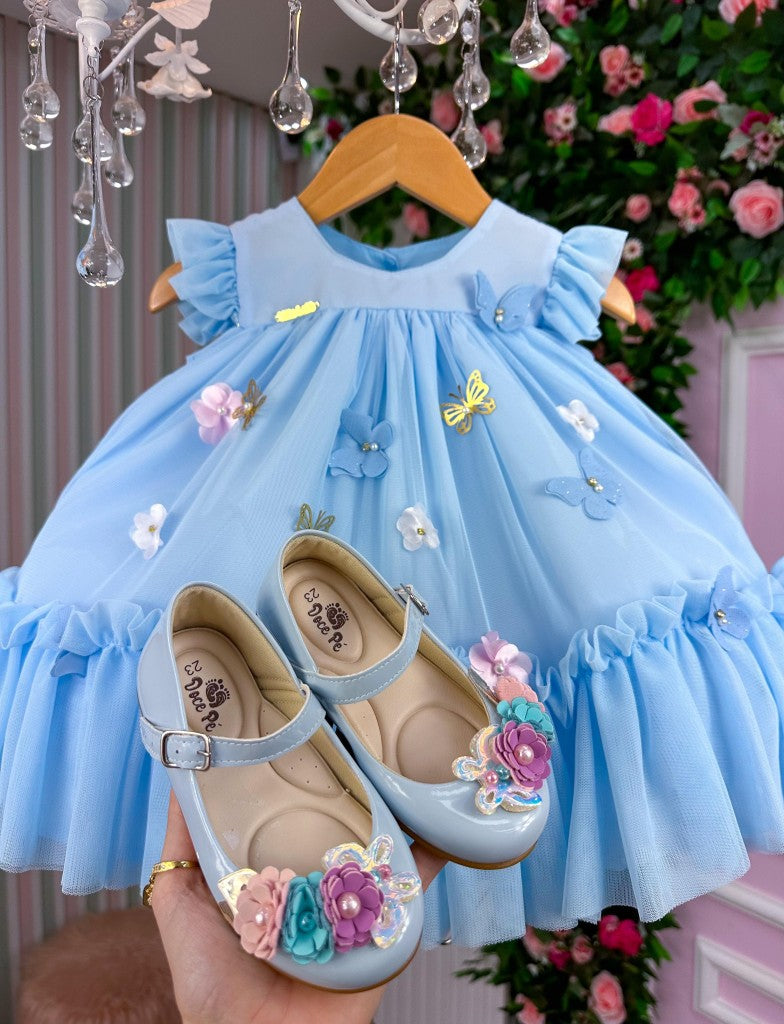 Vestido Vila Lele Jardim das Borboletas Baby Liz Azul Bebe