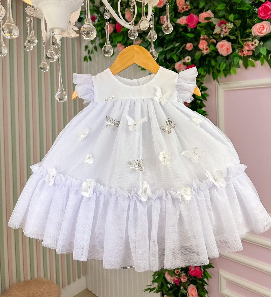 Vestido Infantil Luxo Jardim Encantado Branco em Tule para Bebê