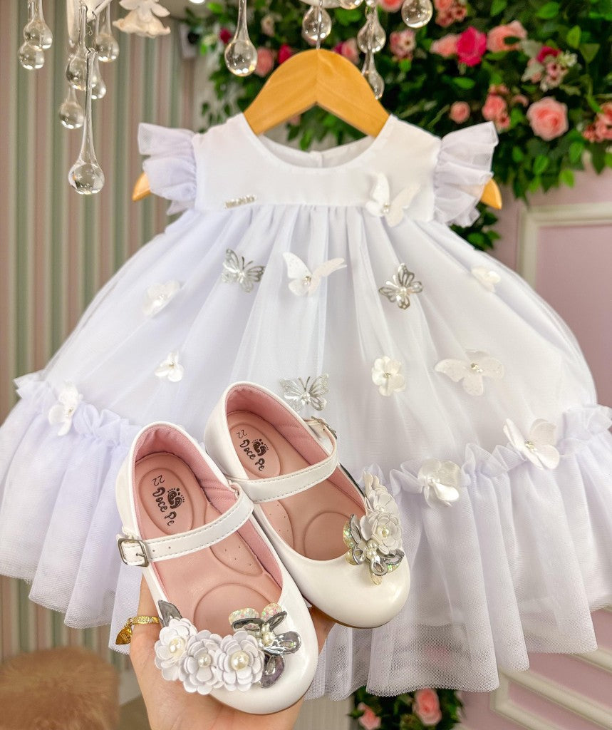 Vestido Infantil Luxo Jardim Encantado Branco em Tule para Bebê