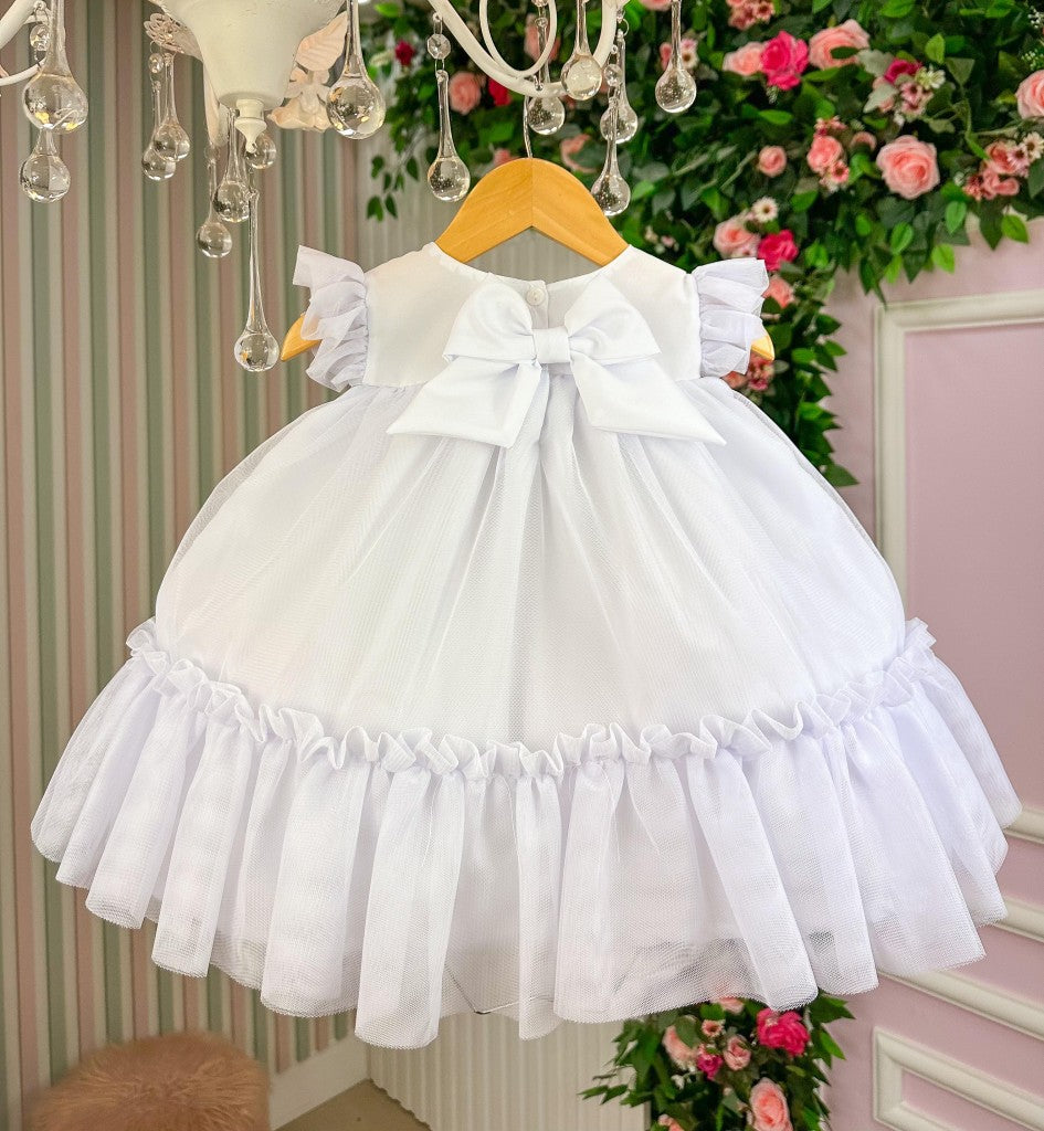 Vestido Infantil Luxo Jardim Encantado Branco em Tule para Bebê