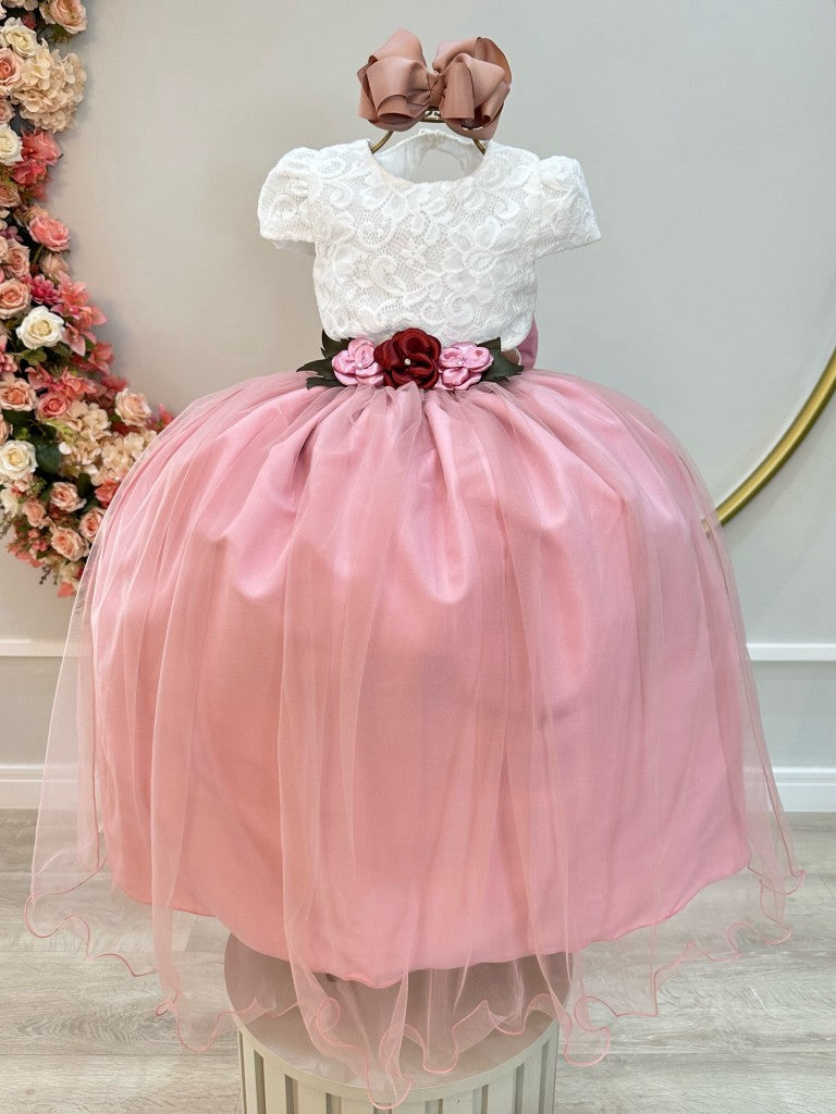 Vestido Infantil Off White com Saia Rosa, Renda e Broche de Flor