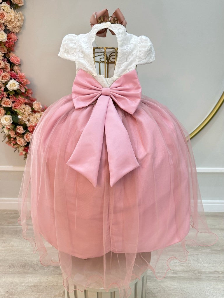 Vestido Infantil Off White com Saia Rosa, Renda e Broche de Flor