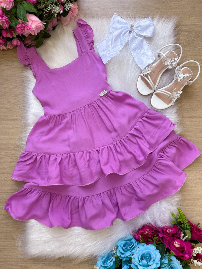 Vestido Lilás em Viscose com Laço e Gola Redonda