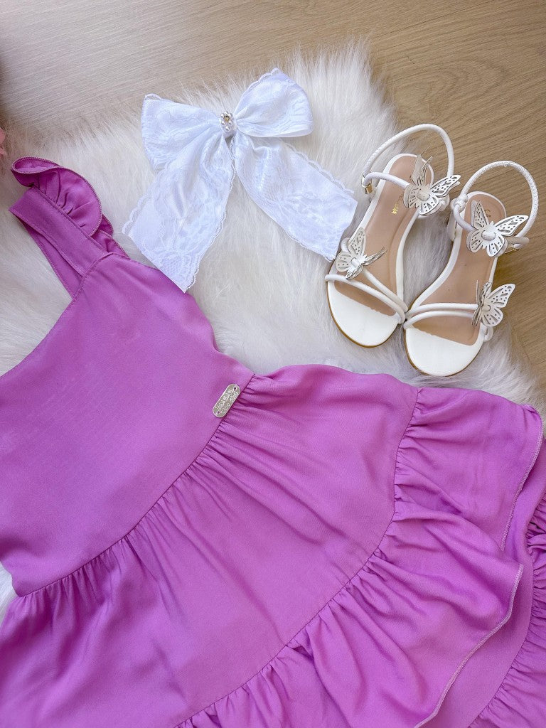 Vestido Lilás em Viscose com Laço e Gola Redonda
