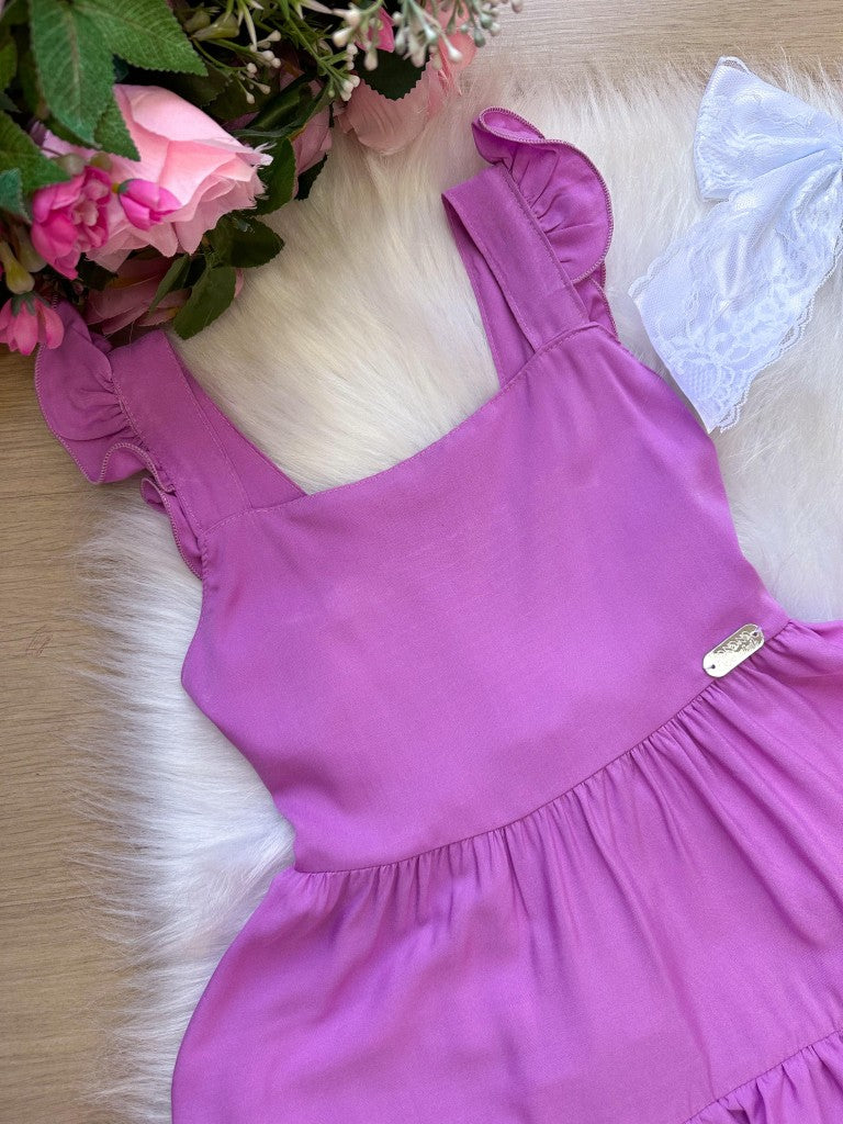 Vestido Lilás em Viscose com Laço e Gola Redonda