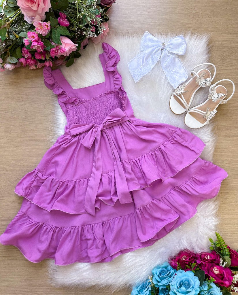 Vestido Lilás em Viscose com Laço e Gola Redonda