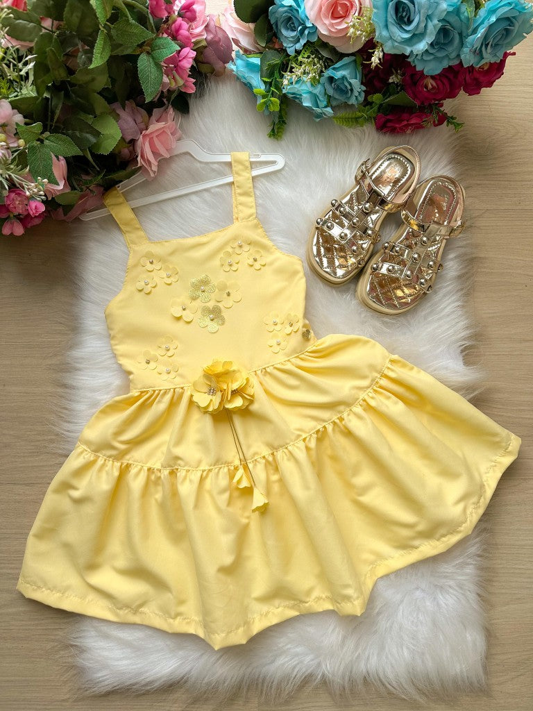 Vestido Amarelo Infantil em Tecido 100% Poliéster com Laço