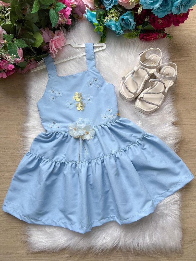 Vestido Infantil Azul Bebê em Poliéster com Laço nas Costas