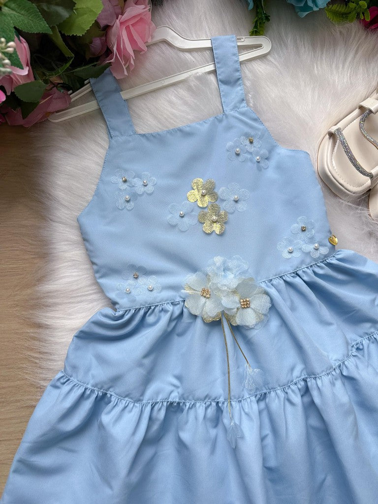 Vestido Infantil Azul Bebê em Poliéster com Laço nas Costas
