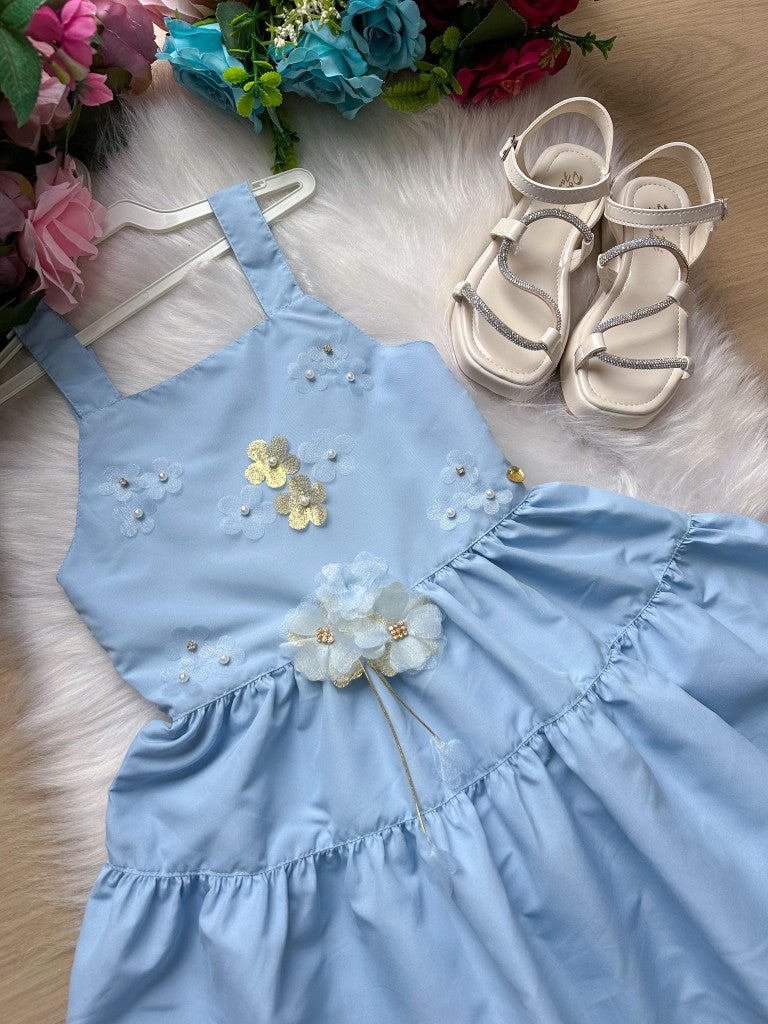 Vestido Infantil Azul Bebê em Poliéster com Laço nas Costas
