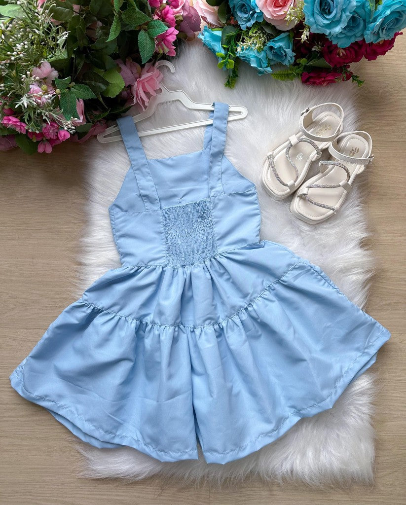 Vestido Infantil Azul Bebê em Poliéster com Laço nas Costas