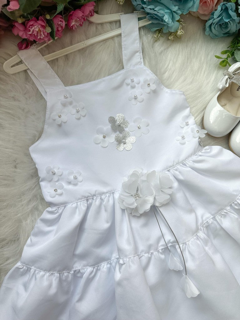 Vestido Infantil Branco em Tecido 100% Poliéster com Laço