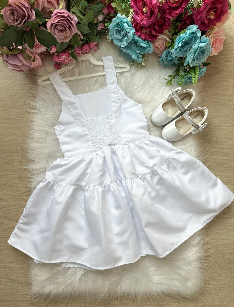 Vestido Infantil Branco em Tecido 100% Poliéster com Laço
