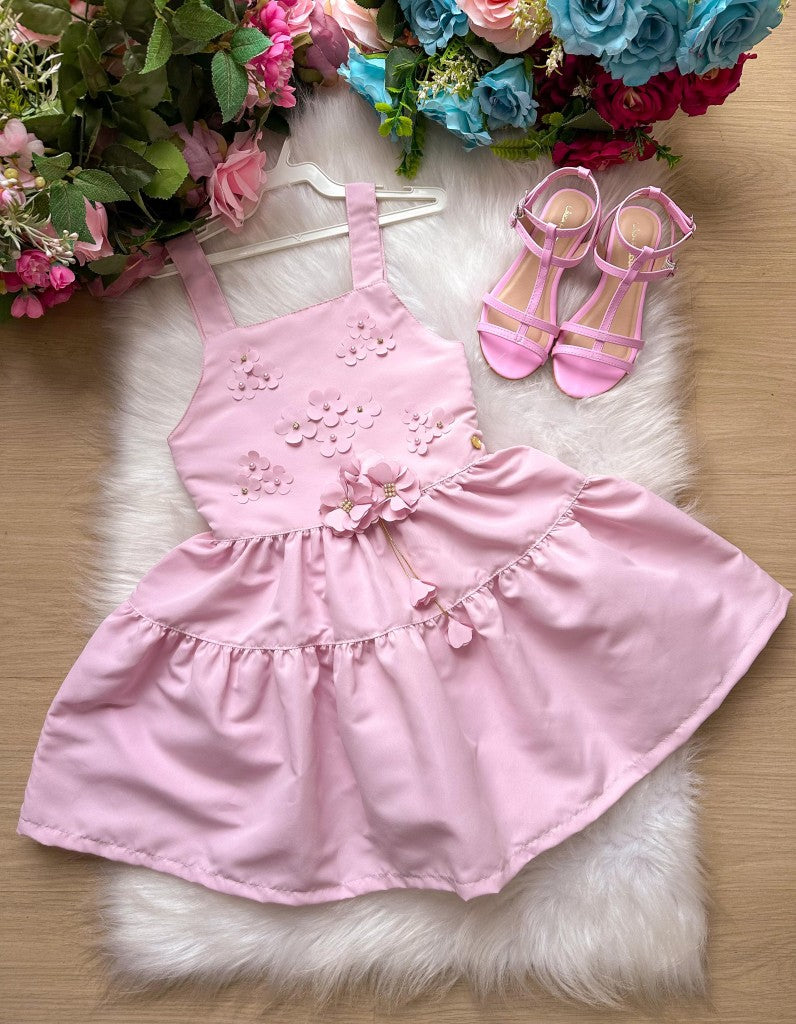Vestido Infantil Rosa em Tecido 100% Poliéster com Laço