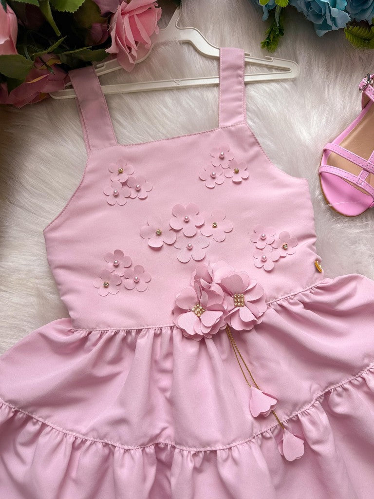 Vestido Infantil Rosa em Tecido 100% Poliéster com Laço