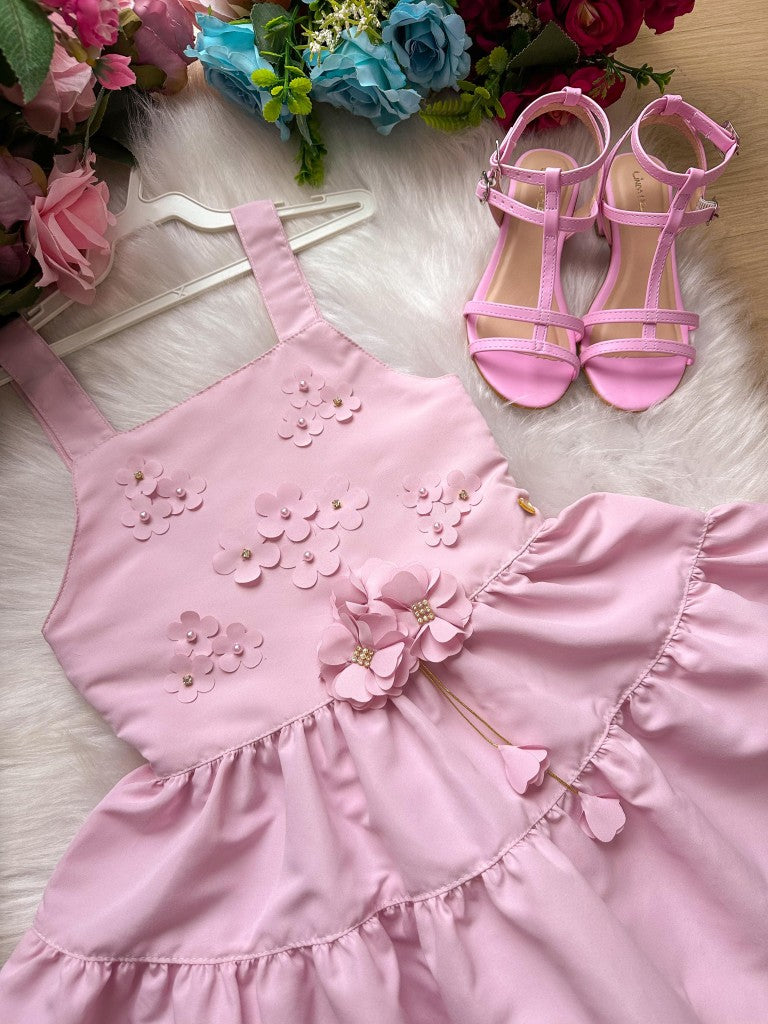 Vestido Infantil Rosa em Tecido 100% Poliéster com Laço