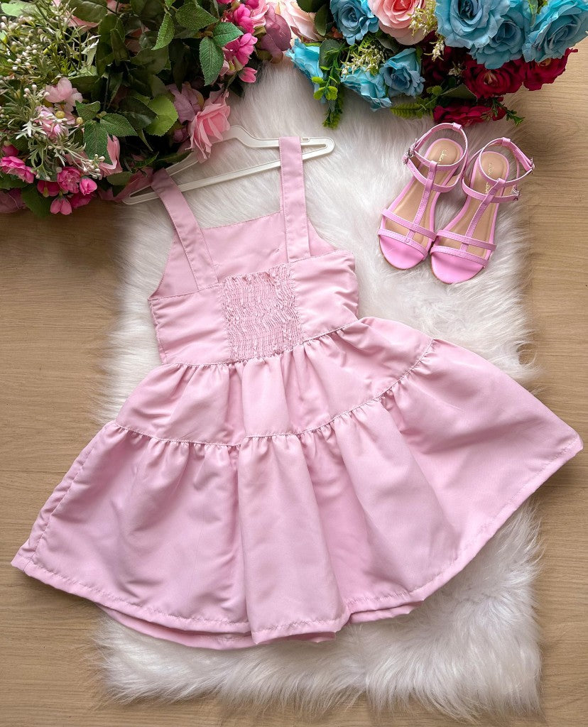 Vestido Infantil Rosa em Tecido 100% Poliéster com Laço
