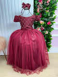 Vestido Longo Infantil Marsala em Tecido Acetinado com Bordados