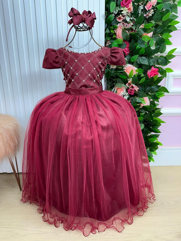 Vestido Longo Infantil Marsala em Tecido Acetinado com Bordados
