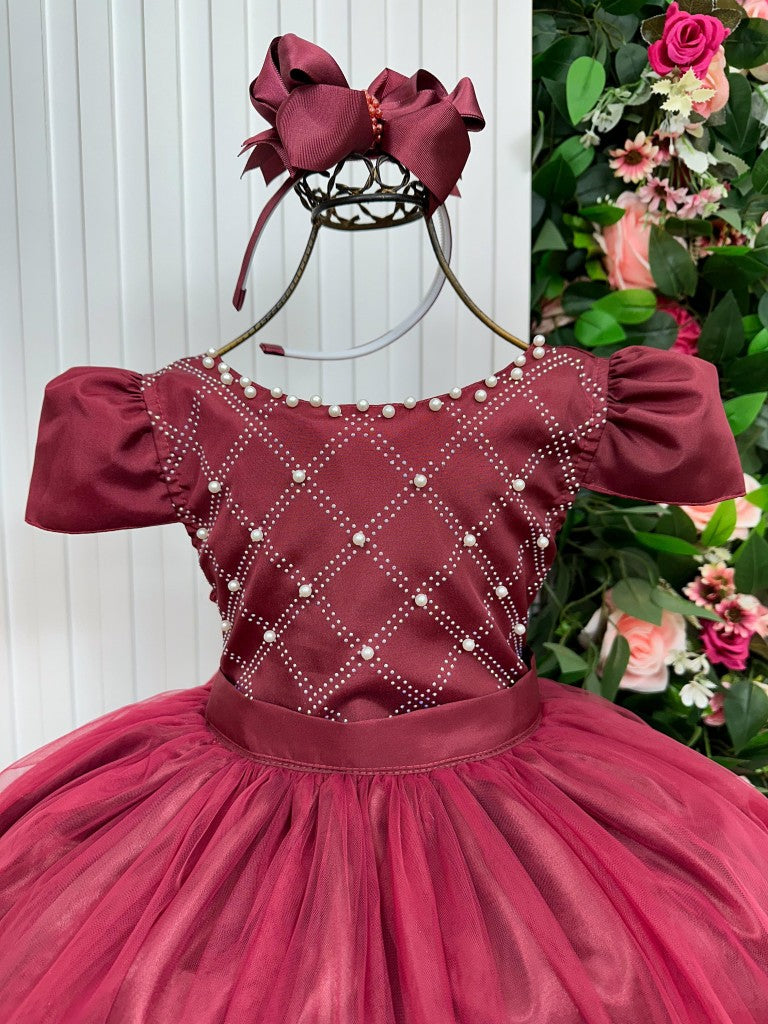 Vestido Longo Infantil Marsala em Tecido Acetinado com Bordados
